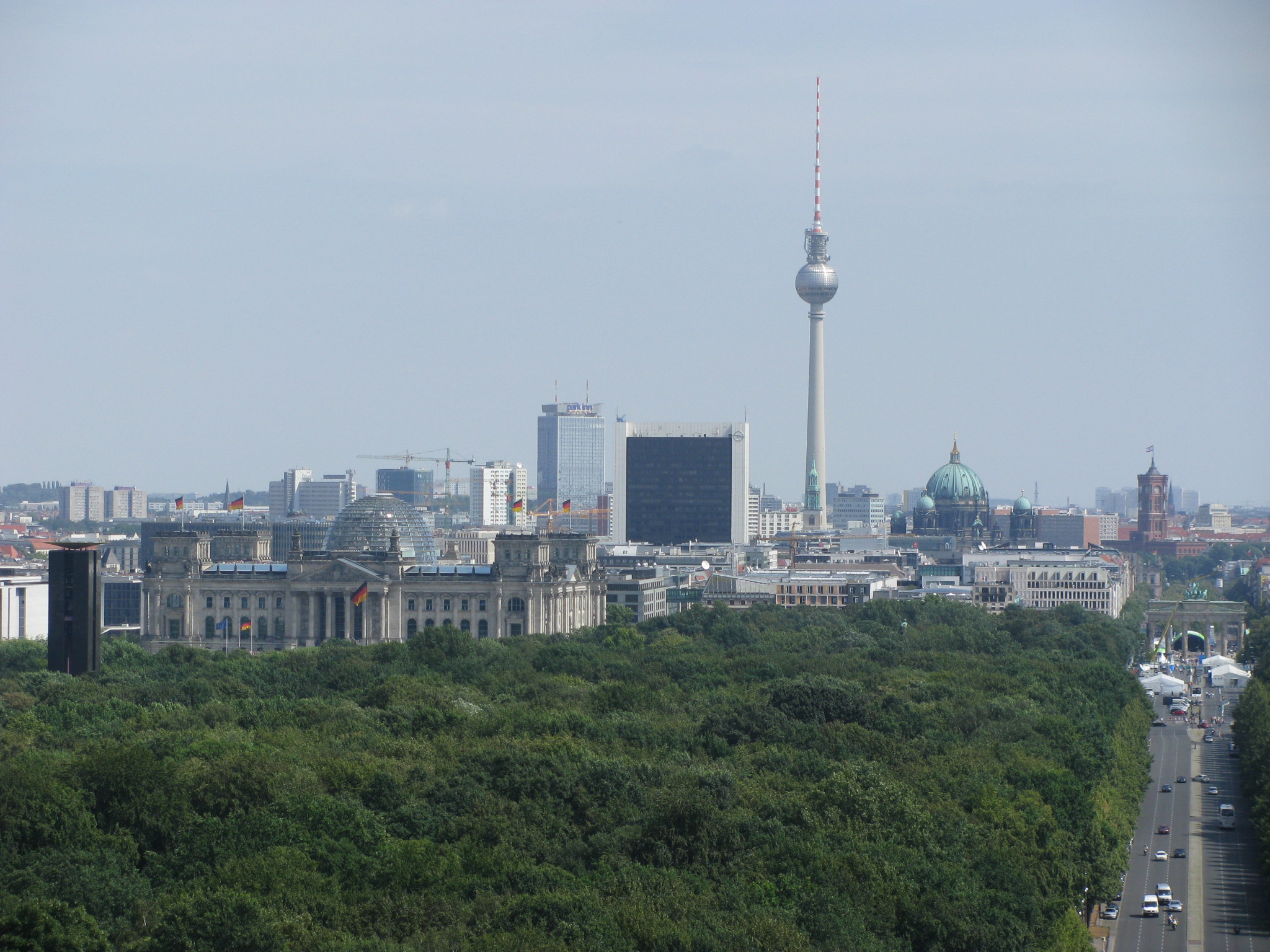 The Berlin skyline seen from the Victory Column, looking east towards the Reichstag, the television tower and the Brandenburg Gate