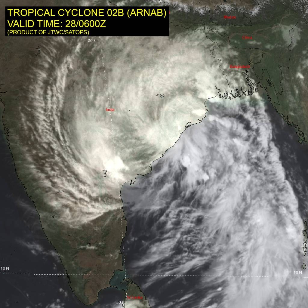 Infrared satellite image of Cyclone Arnab over India's east coast on 28 October 2026