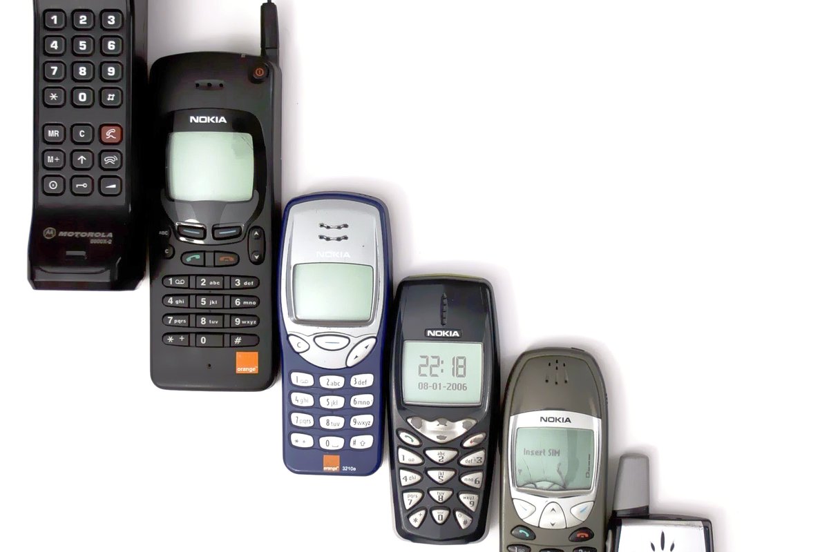 Mobile phones through the years, from early Motorola and Nokia handsets to an HTC model (illustration — not the new Find X10 or Moto G47 Power)