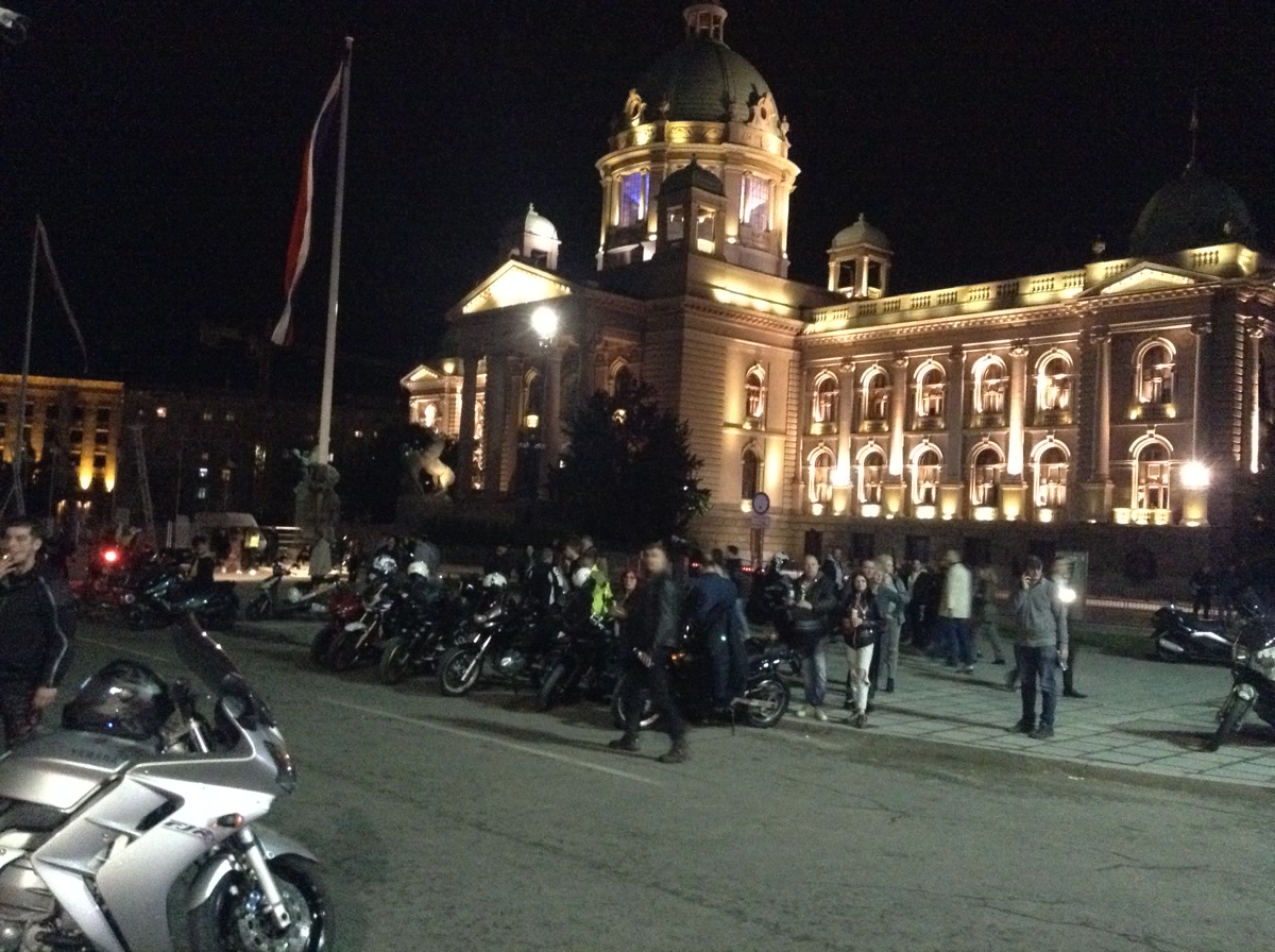 Bikers in front of the House of the National Assembly in Belgrade, on the eve of the 15 March 2025 student protest