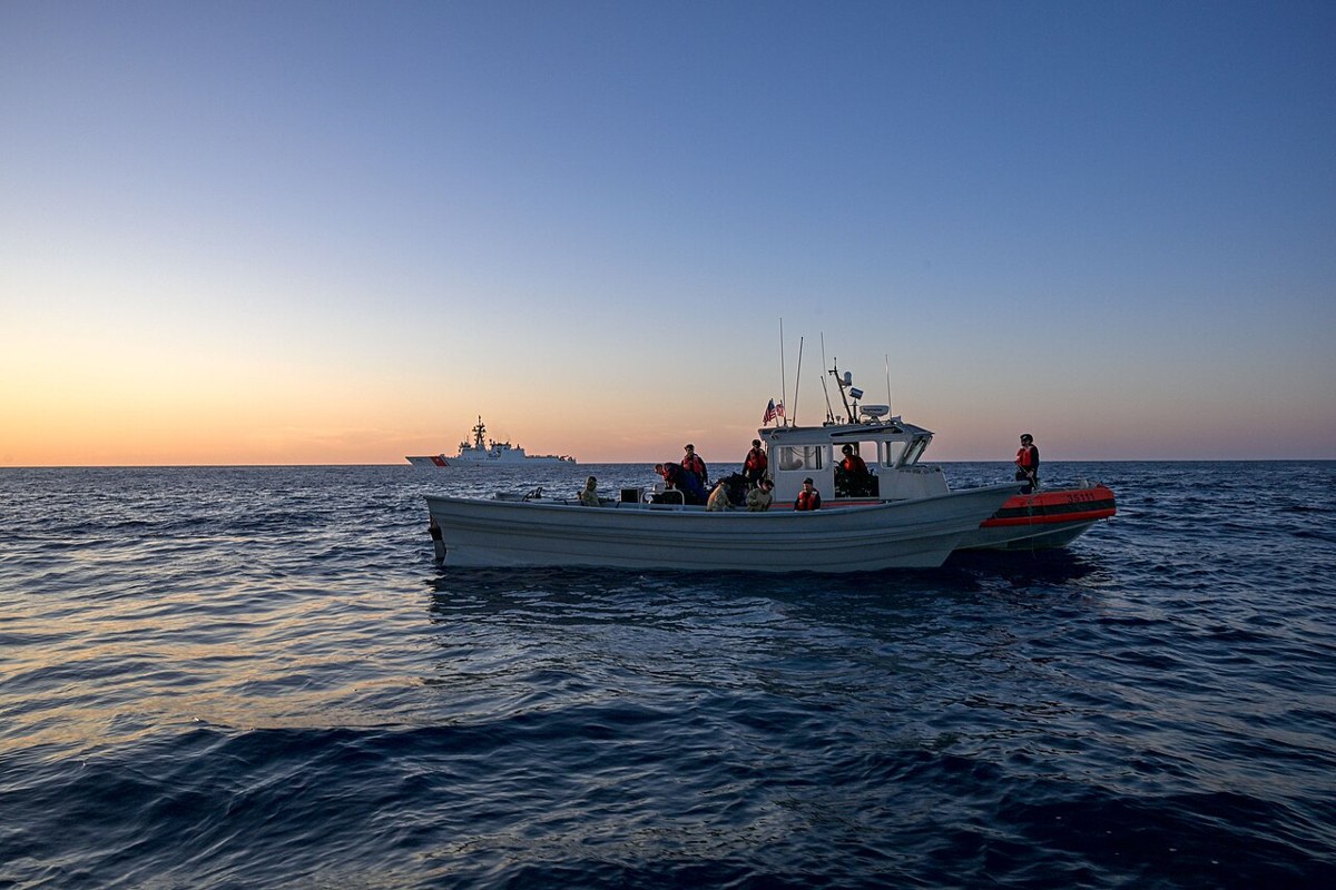 US Coast Guard Cutter Kimball crewmembers seize cocaine bales from a go-fast vessel interdicted in the Eastern Pacific Ocean, March 2025
